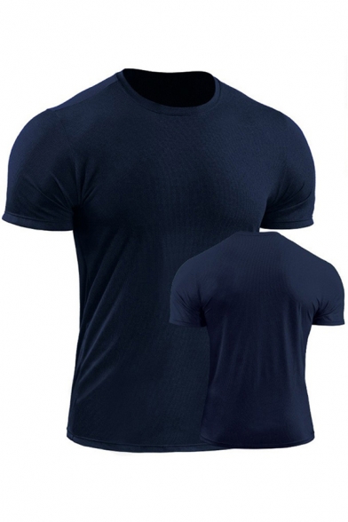 Mens T-Shirt Stylish Solid Color Breathable Short Sleeve Round Neck Skinny Fitted Quick-Dry Tee Top