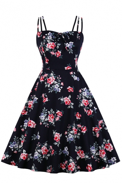 Retro Womens Dress Floral Leaf Pattern Tie Detail Midi A-Line Slim Fitted Spaghetti Strap Sleeveless Swing Dress
