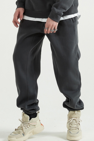 Sporty Winter Thick Pants Cuffed Drawstring Solid Color Mid-Rise Fitted Pants for Men