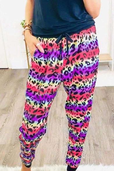 Stylish Pants Leopard Pattern Ankle-Tied Drawstring Waist Pants for Women