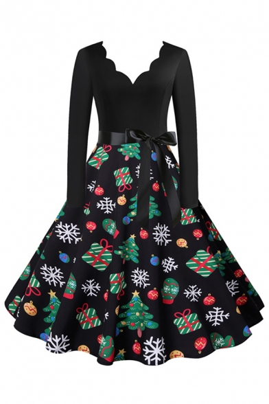 Vintage Womens Dress Santa Claus Snow Star Gift Tree Deer Stocking Pattern Tie Waist Scalloped V Neck Long Sleeve A-Line Slim Fit Midi Swing Dress