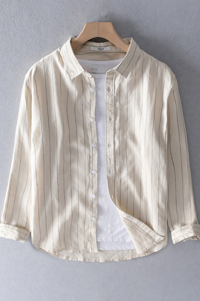 Basic Mens Shirt Vertical Pinstripe Print Button down Long Sleeve Spread Collar Regular Fit Linen Shirt