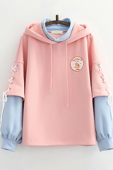 Basic Womens Hoodie Contrast Faux Twinset Embroidered Lace-up Embellished Drop Shoulder Drawstring Long Sleeve Relaxed Fitted Hoodie