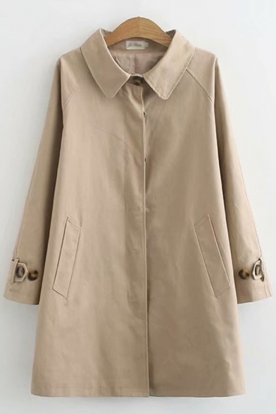 Classic Womens Trench Coat Plain Single-Breasted Loose Fit Long Sleeve Turn-down Collar Trench Coat