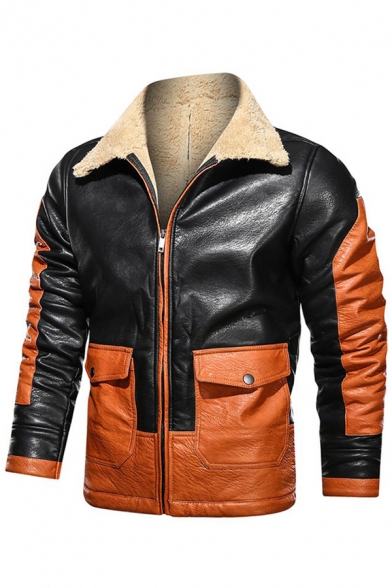 Cool Mens Jacket Color Block Double Pockets Zipper up Fur-Lined Long Sleeve Turn-down Collar Slim Fitted Leather Jacket