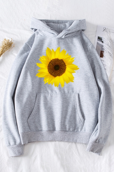 Cool Womens Hoodie Sunflower Pattern Kangaroo Pocket Drawstring Long Sleeve Relaxed Fitted Hooded Sweatshirt