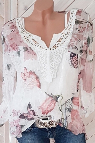 Dressy Blouse Floral Butterfly Printed Lace Trims V Neck Long Sleeve Regular Pullover Fitted Chiffon Blouse for Women