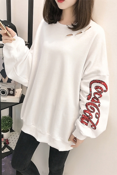 Fashion Sequined Letter Printed Oversize Loose Long Sleeve Round Neck Sweatshirt