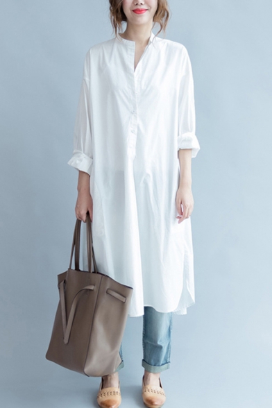 Fashionable Shirt Dress Solid Color Button-down Asymmetrical Side Pockets Side Slits Notched Collar Long Sleeves Regular Fitted Shirt Dress for Women