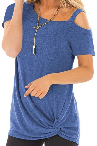 Leisure T-Shirt Twist Design Hollow out Solid Color Cold Shoulder Short Sleeve Regular Tank Top for Women