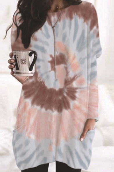 Leisure Tee Top Tie Dye All over Printed Front Pocket Round Neck Long-sleeved Regular Fitted Tunic T-Shirt for Women