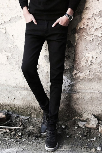 Men's Cool Fashion Double Zipper Embellished Simple Plain Stretch Slim Fit Black Jeans