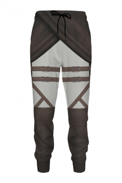 Mens Pants Stylish Color Block 3D Belt Pattern Drawstring Waist Cuffed Regular Fit 7/8 Length Tapered Jogger Pants