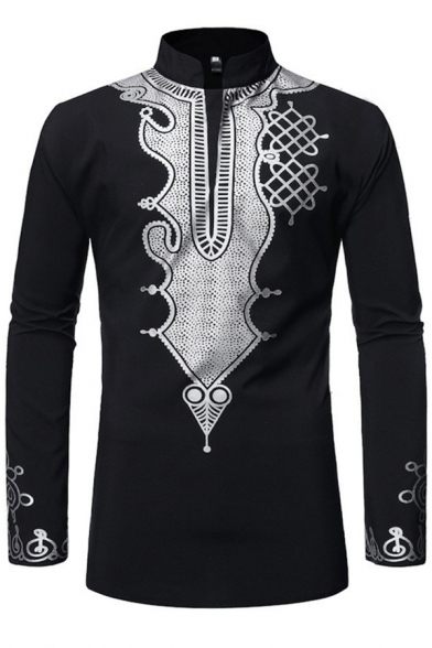 Mens Tunic T-Shirt African Style Gilding Pattern Slim Fitted Stand Collar Long Sleeve T-Shirt