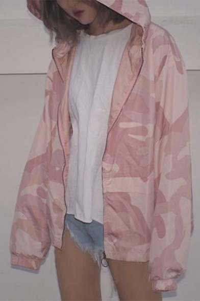 New Arrival Pink Camouflage Hooded Zip Adjustable Hem Casual Jacket Coat