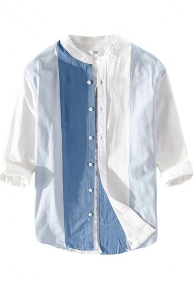Novelty Mens Shirt Contrast Panel Button up Purified Cotton Stand Collar 3/4 Sleeve Regular Fit Shirt