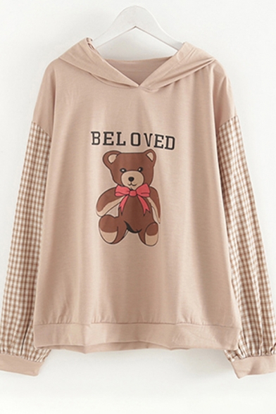 Novelty Womens Hoodie Teddy Bear Letter Beloved Print Drawstring Long Plaid-Sleeve Relaxed Fitted Hoodie