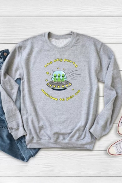 Novelty Womens Pullover Sweatshirt Alien UFO Letter Welcome to Join Us Pattern Round Neck Long Sleeve Loose Fit Pullover Sweatshirt