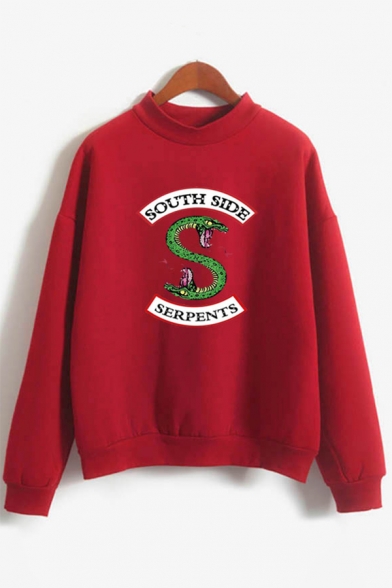 Trendy Letter SOUTH SIDE Snake Logo Print Mock Neck Long Sleeve Relaxed Pullover Sweatshirt