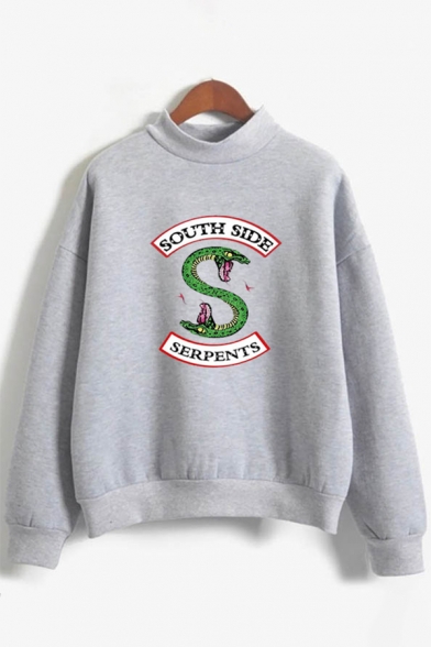 Trendy Letter SOUTH SIDE Snake Logo Print Mock Neck Long Sleeve Relaxed Pullover Sweatshirt