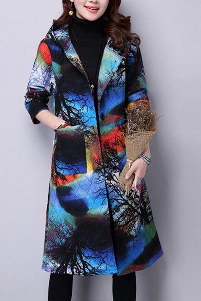 Tribal Style Women's Coat All over Leaf Landscape Print Button-down Hooded Pockets Detail Long Sleeve Regular Fitted Knee Length Coat
