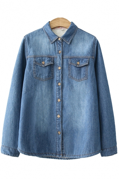 Unique Womens Shirt Faded Wash Thickened Flap Chest Pockets Button down Long Sleeve Spread Collar Loose Fit Denim Shirt