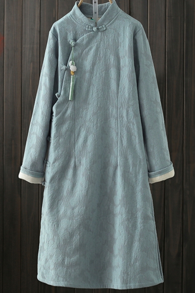 Vintage Coat Single-Breasted Stand Collar Long Sleeve Fitted Cotton and Linen Coat for Women