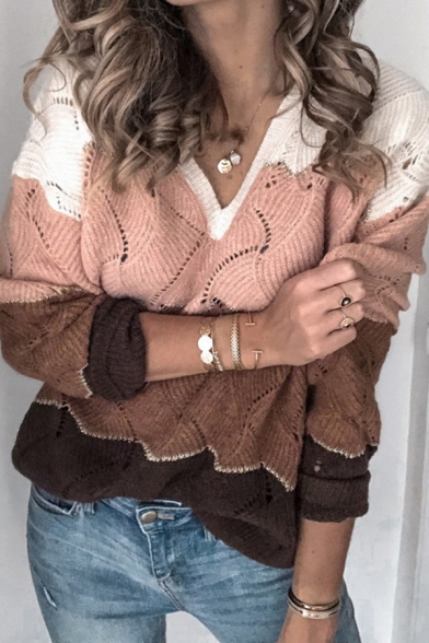 Winter Warm Sweater Contrast Color Hollow out Knit V Neck Long Sleeve Pullover Sweater for Women