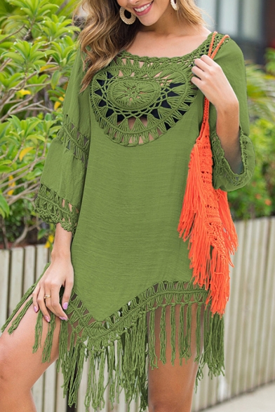 Womens Beach Asymmetrical Dress Crocheted Floral Hollowed Tassel Half-Sleeve Round Neck Loose Mini Dress