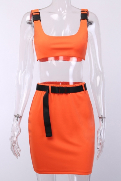 Womens Co-ords Stylish Fluorescent Color Buckle Belt and Strap Sleeveless Scoop Neck Strap Cropped Tank Top Slim Fitted Mini Skirt Co-ords