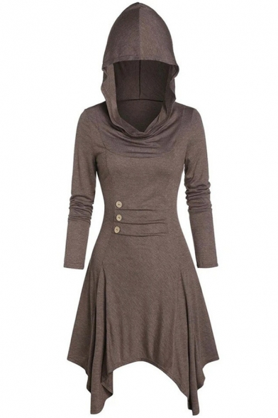 Womens Dress Trendy Solid Color Button Decoration Asymmetric Hem Midi Slim Fitted Long Sleeve Hooded A-Line Dress