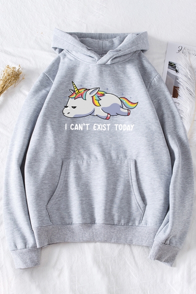 Womens Hoodie Creative Unicorn Letter I Can't Exist Today Pattern Kangaroo Pocket Drawstring Long Sleeve Relaxed Fitted Hooded Sweatshirt