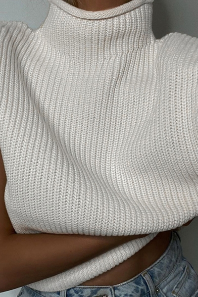Womens Sweater Casual Solid Color Purl Knit Regular Fitted Cap Sleeve High Neck Sweater