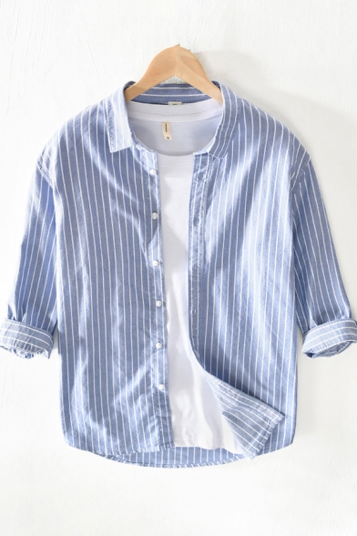 Basic Mens Shirt Pinstripe Print Cotton Point Collar Button Detail Regular Fit Half Sleeve Shirt