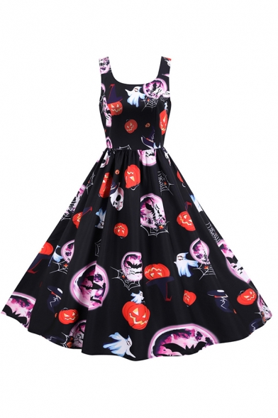 Basic Womens Dress Pumpkin Bat Ghost Tree Branch Witch Castle Cobweb Skull Print Midi A-Line Slim Fitted Scoop Neck Sleeveless Swing Dress
