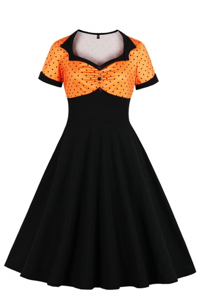 Classic Womens Dress Color Block Polka Dot Pattern Button Decoration Short Sleeve Midi A-Line Slim Fitted Sweetheart Neck Swing Dress