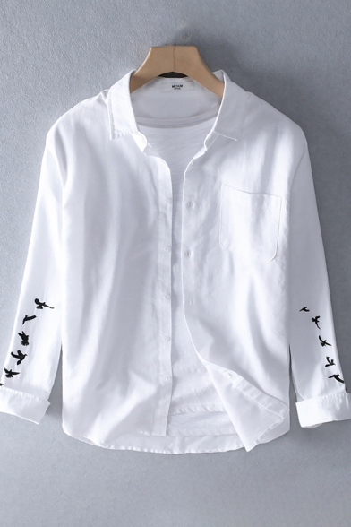 Cool Mens Shirt Eagle Embroidery Cotton Linen Button up Spread Collar Long Sleeve Regular Fit Shirt with Chest Pocket