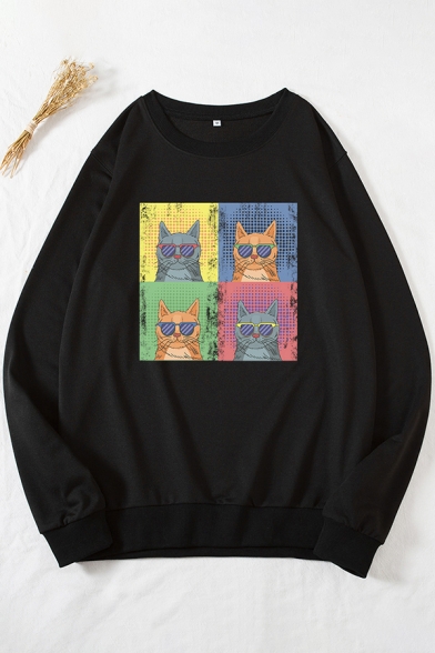Cool Womens Sweatshirt Cat Glasses Pattern Loose Fit Long Sleeve Crew Neck Pullover Sweatshirt