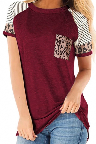 Cozy Tee Top Contrast Panel Color Block Leopard Print Round Neck Short Sleeve Regular Fit T-Shirt for Women