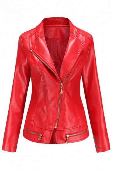 Creative Womens Jacket Plain Zipper Embellished Slim Fit Long Sleeve Notched Lapel Collar Leather Jacket