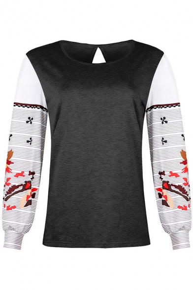 Elegant Sweatshirt Patchwork Flower Embroidery Round Neck Bishop Sleeve Regular Fitted Pullover Sweatshirt for Women