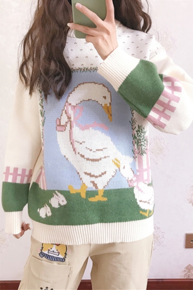 Fancy Duck Rabbit Farm Pattern Long Sleeve Round Neck Beige Knitted Sweater