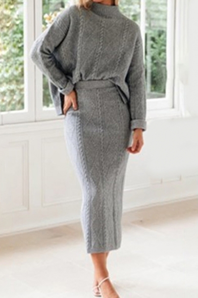 Grey Sweater and Skirt Sets Womens Basic Plain Knit Short Front Long Back High Mock Neck Full Sleeve Co-ords