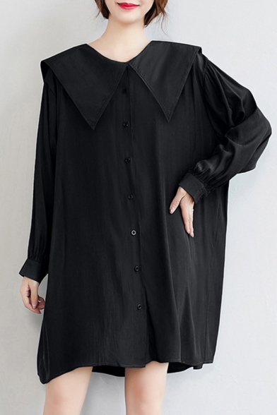 Kawaii Girls Shirt Dress Black Cotton Button-down Loose Fit Sailor Collar Full Sleeve Shirt