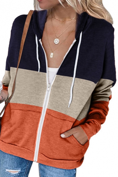 Leisure Women's Hoodie Zipper Placket Drawstring Front Pockets Long Sleeve Fitted Hoodie