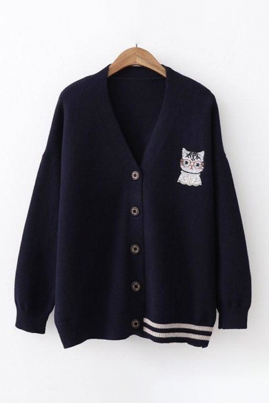 Lovely Cartoon Cat Embroidered V Neck Long Sleeve Buttons Down Comfort Cardigan