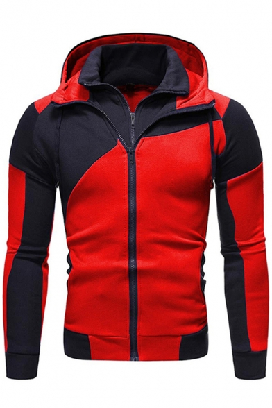Mens Jacket Trendy Contrast Panel Double-Layer Zipper Detail Hooded Long Sleeve Slim Fitted Casual Jacket