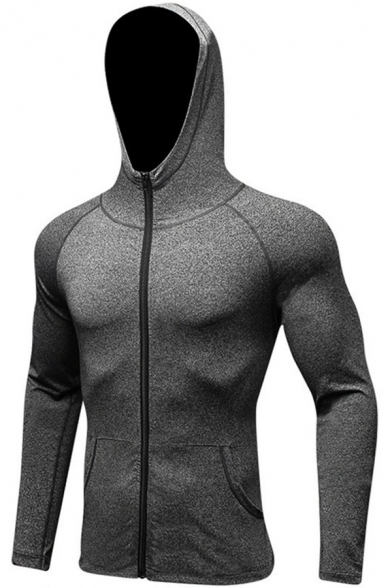 Mens Jacket Unique Plain Space Dye Quick-Dry Zipper Detail Slim Fitted Long Sleeve Hooded Sporty Jacket
