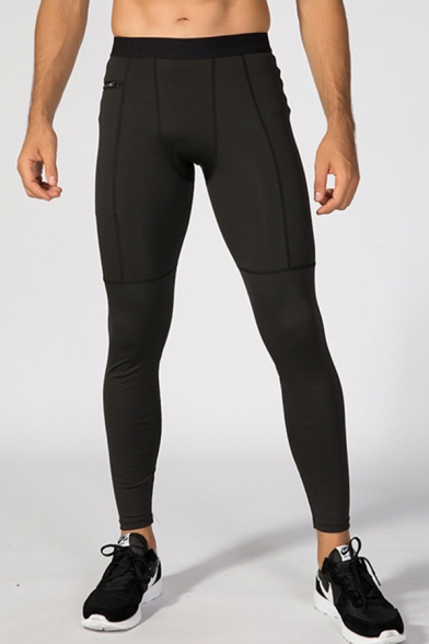 Mens Pants Simple Zipper Pocket Quick Dry Flatlock Stitching Elastic Waist Skinny Fitted 7/8 Length Sport Pants