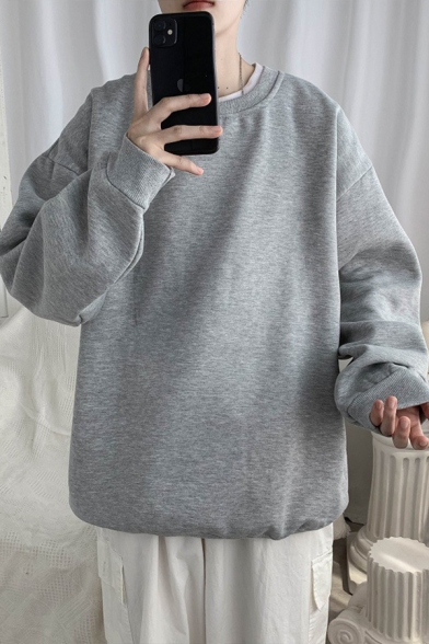 Mens Sweatshirt Chic Plain Ribbed Trim Long Drop-Sleeve Relaxed Fit Crew Neck Pullover Sweatshirt